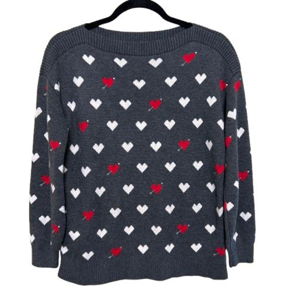Loft Heart Print Boatneck Sweater Womens MP Medium Petite Gray 3/4 Sleeve
